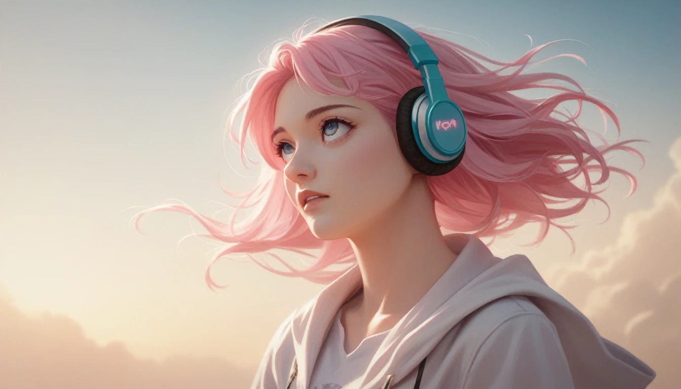 beachfront ((work of art, highest quallity, A highest quallity de imagem, high resolution, photorrealistic, CRU photo, 8k, Extremely detailed 8k unified CG wallpaper)) a late afternoon sky with lots of pink and light blue, a girl with headphones and pink hair blowing in the wind looking up feeling the breeze on her face while listening to lofi, high resolution anime