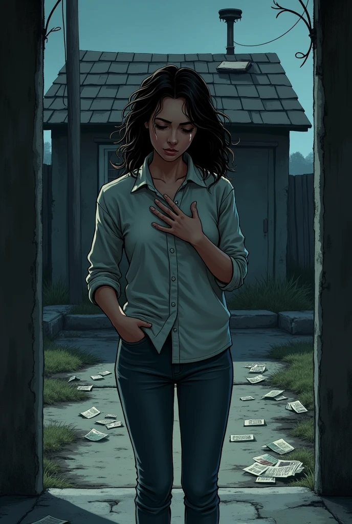 A woman standing at the entrance of a dark alley, holding her heart, with tears in her eyes. Behind her is a small house with bills scattered around, symbolizing her poverty. Simple easy drawing