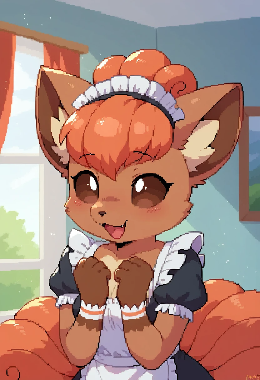 score_9, score_8_up, rating_Explicit, anthro,(furry, anthro:1.2) (detailed fluffy fur), solo, female,, vulpix , cute, pokemon,(small breasts), ,breasts, cute, cute eyes, cute head, ), (beautifully detailed face, oily shiny skin), (detailed eyes, sharp eyes, clear pupils:0.8), masterpiece, happy, hands empty, smile,mouth, background living room,house,dressed, wear maid outfit, Fellatio, bending over, deepthroating on her human trainer's huge wide hard throbbing cock, nsfw, lewd