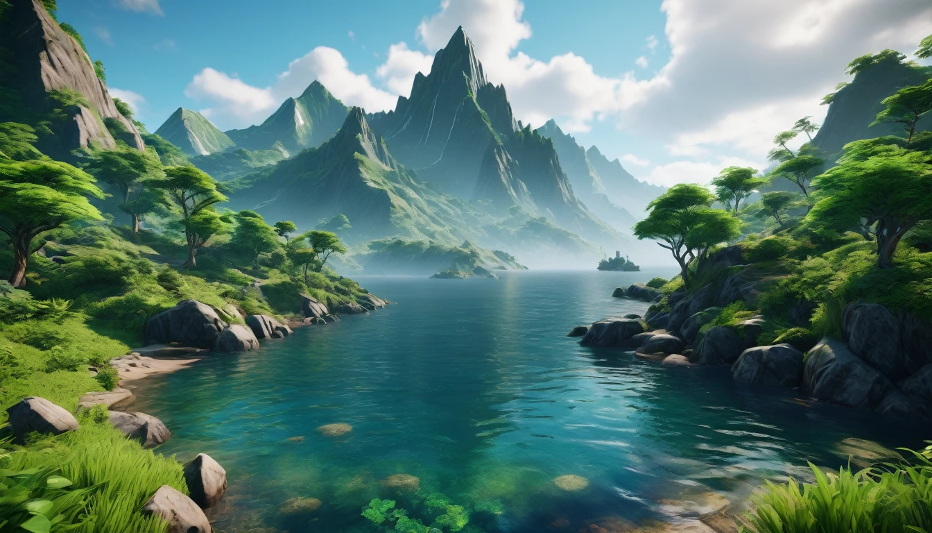 There is a sprawling mountain range covered in greenery.，There is a highest mountain by the sea（best quality，4K，8k，High level，masterpiece：1.2），Ultra Detailed，（lifelike，Photo real，Photo real：1.37），Complex patterns，Realistic lighting，虚幻引擎4K壁纸,, Summer Unreal Engine 5, Beautiful landscape rendering, Mountains and Oceans, Rendered in 8k Unreal Engine, The most beautiful scenery, Epic shock, Beautiful epic vista