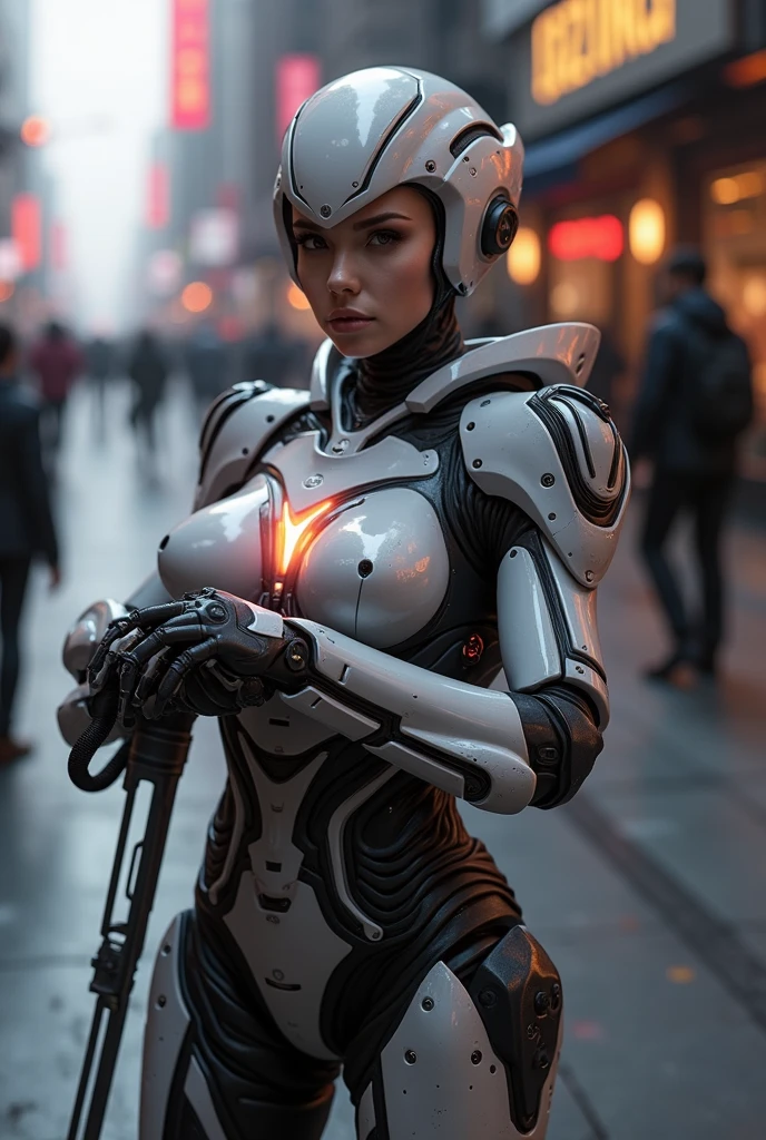 a woman in a futuristic suit with a glowing head and chest, cyberpunk art inspired by Marek Okon, cgsociety contest winner, digital art, gynoid cyborg body, girl in mecha cyber armor, cyber suit, cybersuit, in white futuristic armor, cybersuits, diverse cybersuits, gynoid body, echo from overwatch, perfect anime cyborg woman