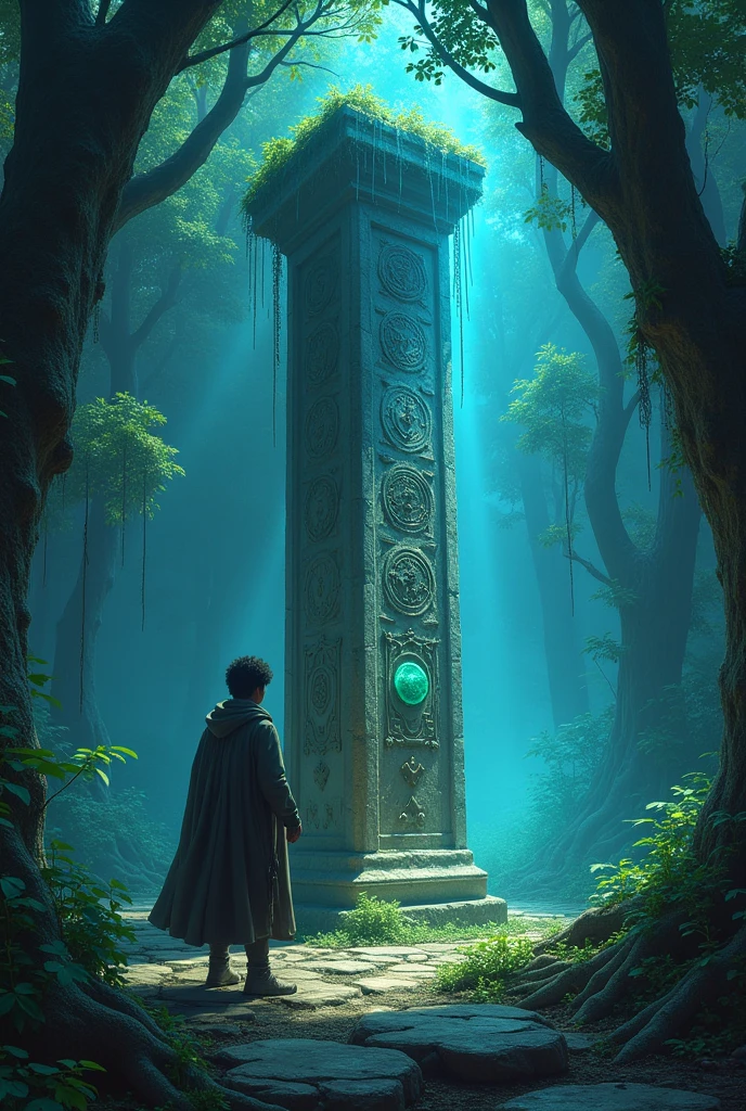 In the middle of the clearing was an old, half-ruined stone column, around which the roots of trees were entwined. On the column they discovered the same symbols as on the stone. Jaro carefully placed the stone in a recess in the pillar, and suddenly everything around her came to life. A gentle, blue glow spread, and the symbols began, to pass into the shining light.