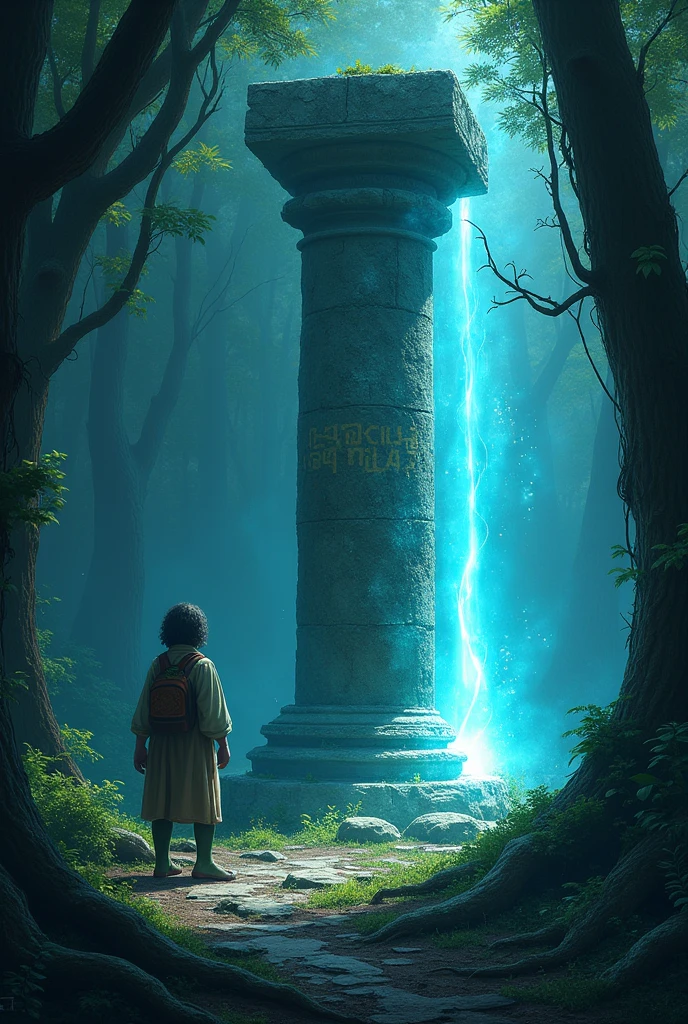 In the middle of the clearing was an old, half-ruined stone column, around which the roots of trees were entwined. On the column they discovered the same symbols as on the stone. Jaro carefully placed the stone in a recess in the pillar, and suddenly everything around her came to life. A gentle, blue glow spread, and the symbols began, to pass into the shining light.