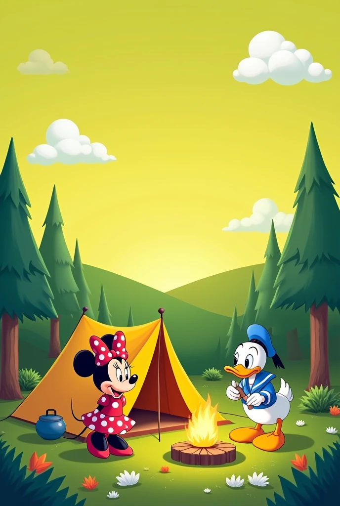 For a cover,  a lemon green background landscape. With Minnie Mouse and camping in a beautiful place with Donald Duck. Clouds and trees. Let the whole image look good without gradient and let the liom green stand out.