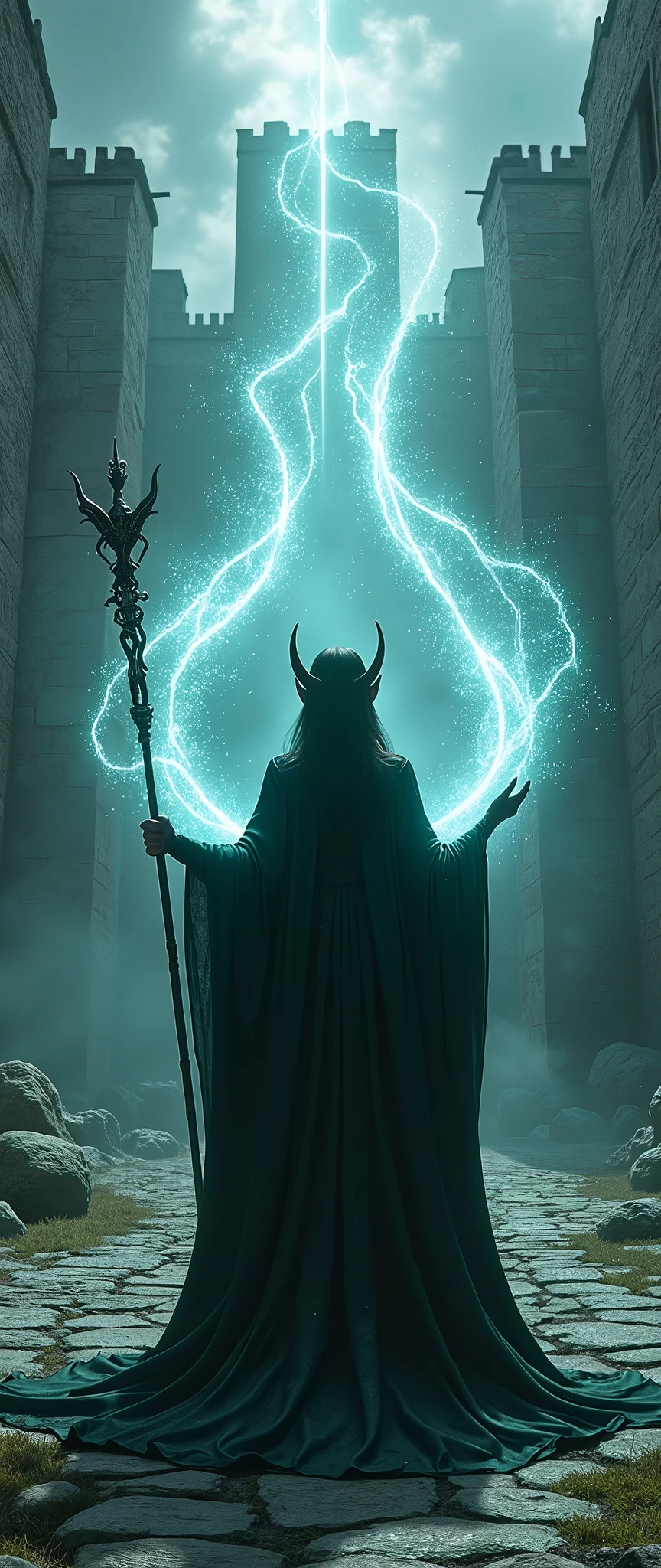 detailed dark elf woman, long elegant staff, intricate magic beams, medieval castle grounds, moody dramatic lighting, fantasy concept art, deep saturated colors, highly detailed, cinematic composition, photorealistic, 8k, (best quality,4k,8k,highres,masterpiece:1.2),ultra-detailed,(realistic,photorealistic,photo-realistic:1.37)