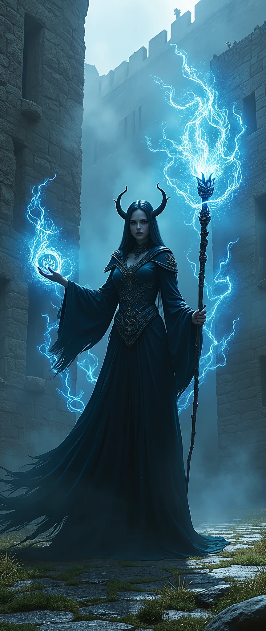 detailed dark elf woman, long elegant staff, intricate magic beams, medieval castle grounds, moody dramatic lighting, fantasy concept art, deep saturated colors, highly detailed, cinematic composition, photorealistic, 8k, (best quality,4k,8k,highres,masterpiece:1.2),ultra-detailed,(realistic,photorealistic,photo-realistic:1.37)