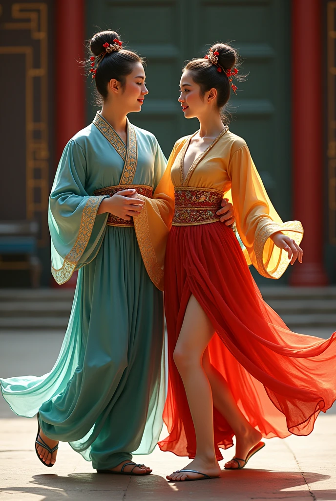 A dance costume for two, French music, voila, with sleeves, the girls are chubby, it could be a Chinese dance kimono with a French touch and cool colors, both can wear different colors