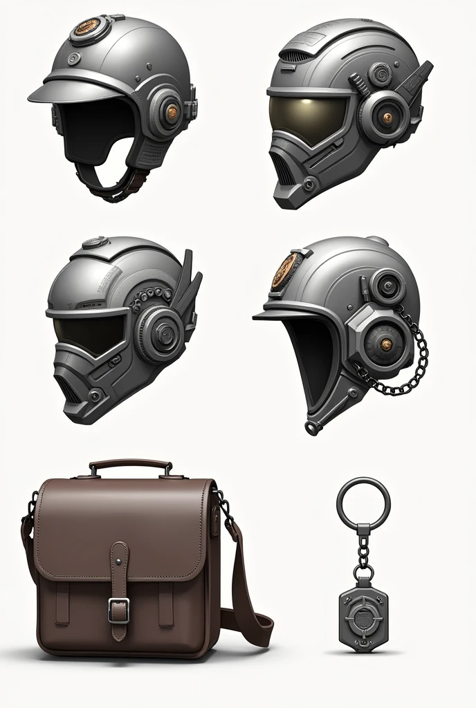 Can you make 2d object drawing survey is detail view Helmet level 1 to 3, Bag, and Key chain for bag . The theme is mafia
