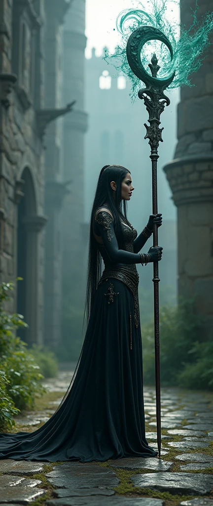 dark souls epic, elden ring 3d render detailed dark elf woman, long elegant staff, intricate magic beams, medieval castle grounds, moody dramatic lighting, fantasy concept art, deep saturated colors, highly detailed, cinematic composition, photorealistic, 8k, (best quality,4k,8k,highres,masterpiece:1.2),ultra-detailed,(realistic,photorealistic,photo-realistic:1.37)
