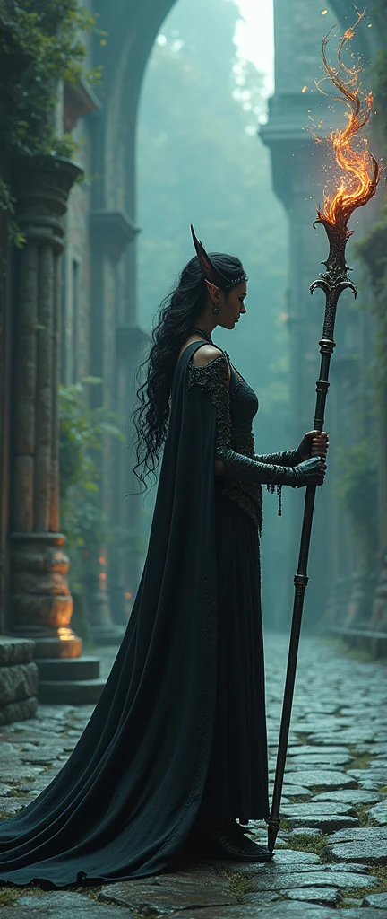 dark souls epic, elden ring 3d render detailed dark elf woman, long elegant staff, intricate magic beams, medieval castle grounds, moody dramatic lighting, fantasy concept art, deep saturated colors, highly detailed, cinematic composition, photorealistic, 8k, (best quality,4k,8k,highres,masterpiece:1.2),ultra-detailed,(realistic,photorealistic,photo-realistic:1.37)