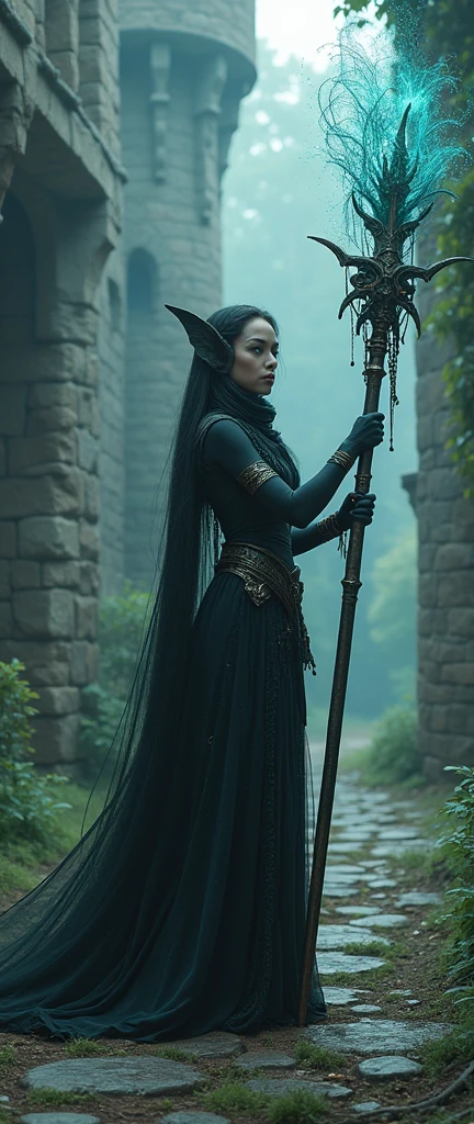 dark souls epic, elden ring 3d render detailed dark elf woman, long elegant staff, intricate magic beams, medieval castle grounds, moody dramatic lighting, fantasy concept art, deep saturated colors, highly detailed, cinematic composition, photorealistic, 8k, (best quality,4k,8k,highres,masterpiece:1.2),ultra-detailed,(realistic,photorealistic,photo-realistic:1.37)