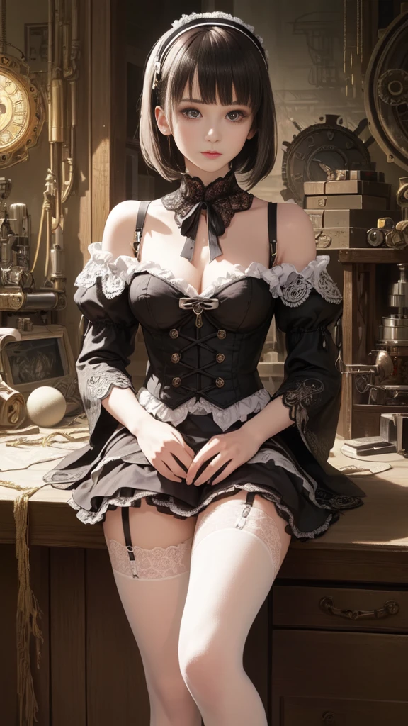 (((Masterpiece, top quality, super detailed))), One female, (((Very Slender body))) , (((Long, thin legs))), (((short black bob, thick puffy bangs ))), (((very detailed face))), cosmetics-free, small thin nose, small thin-lipped mouth, (((very sharp focused eyes))), large slit precision pale grey eyes, sparkling like jewels, Long eyelashes, ((Very decorative intricate mechanical steampunk fashion, Lace Flared mini skirt, Lace stockings above the knee, Lace Off-shoulder ta fashion, Overly decorative fashion)), The night an abandoned, intricately mechanized steampunk factory burns and explodes, (((overall accuracy has improved dramatically, creating a super detailed and realistic image))), Super realistic photo.