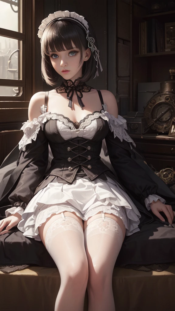 (((Masterpiece, top quality, super detailed))), One female, (((Very Slender body))) , (((Long, thin legs))), (((short black bob, thick puffy bangs ))), (((very detailed face))), cosmetics-free, small thin nose, small thin-lipped mouth, (((very sharp focused eyes))), large slit precision pale grey eyes, sparkling like jewels, Long eyelashes, ((Very decorative intricate mechanical steampunk fashion, Lace Flared mini skirt, Lace stockings above the knee, Lace Off-shoulder lolita fashion, Overly decorative fashion)), The night an abandoned, intricately mechanized steampunk factory burns and explodes, (((overall accuracy has improved dramatically, creating a super detailed and realistic image))), Super realistic photo.