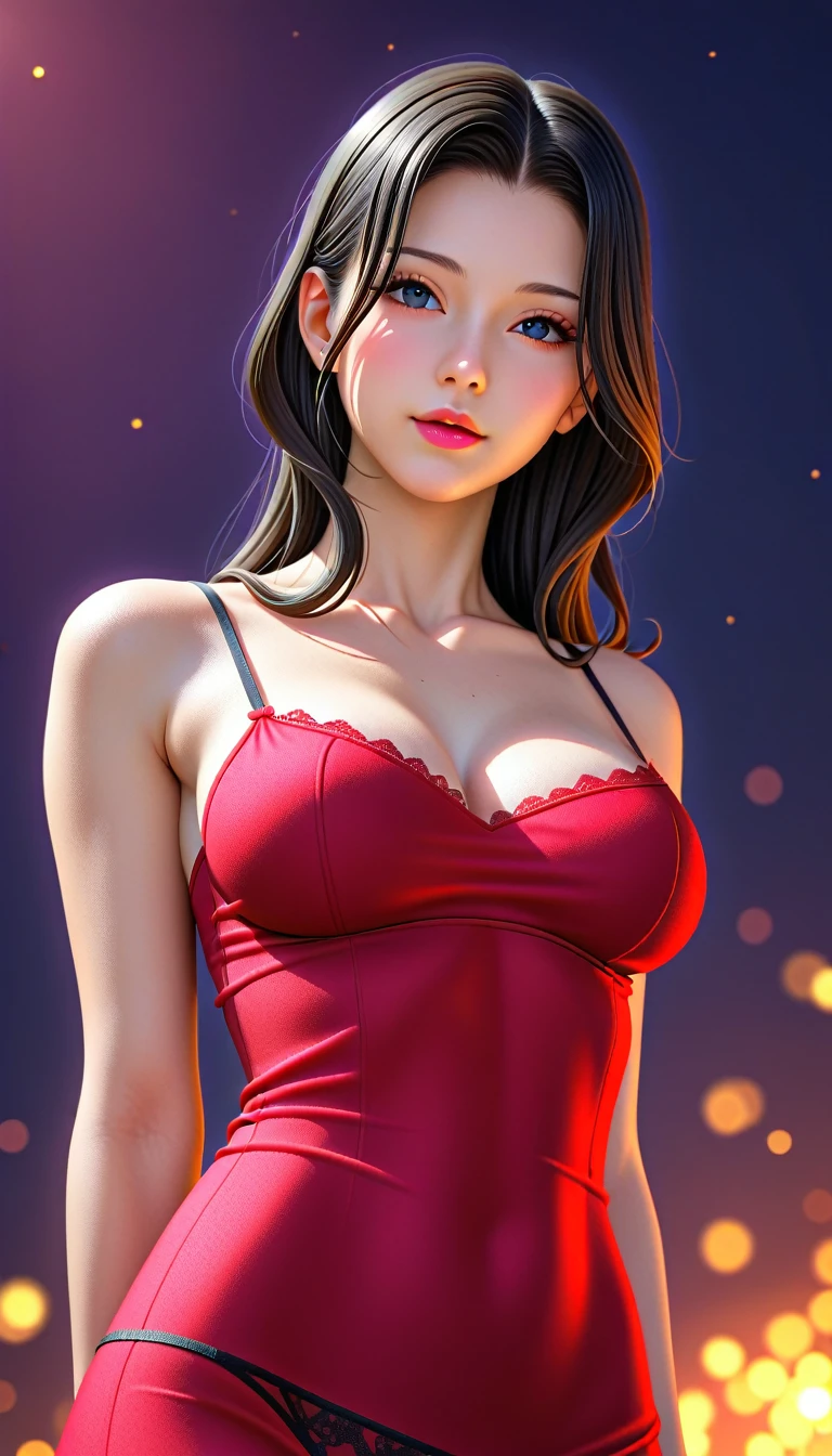 score_9, score_8_superior, score_7_superior, High-resolution CG illustration,A masterpiece in 32K resolution,Highest quality,it is really amazing,Very detailed,Ultra-high resolution,Ultra-realistic,Realistic,Increased depth of field,Cinematic lighting,
Elegant mature Japanese woman,
Glossy black hair,Wavy long hair,Showing his forehead,god々Beautiful,Ultra-detailed and beautiful face,Sensual look,Beautiful dark brown, moist eyes,Pitch black eyes,Glowing, moisturized skin,Translucent white skin,born々New skin texture,Great proportions,
Elegant wine-red slit dress,spaghetti straps,Deep slit,Detailed and beautiful lace decorations,born地の柔らかな質感,
Black panties,
Black Stockings,
A dark and blurry night background,夜のホテルの屋superior,Dark clouds filling the sky,Thundercloud,Night view of skyscrapers,
Dramatic Angle,