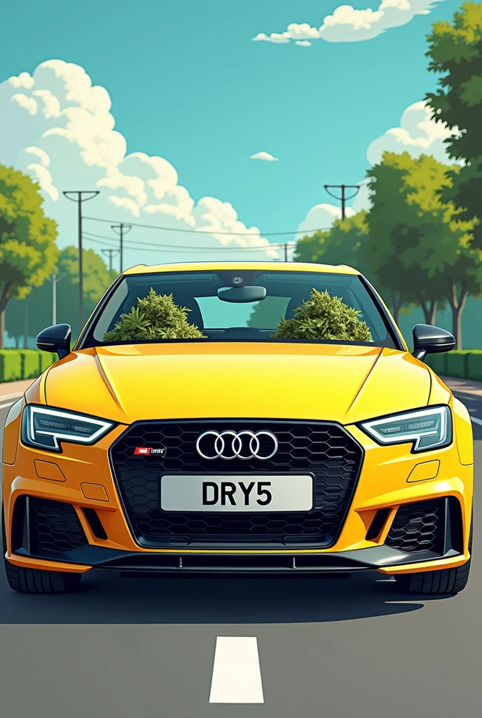 Yellow real Audi car in cartoon style with the license plate DRY5 and normal background and cannabis bags on the seats