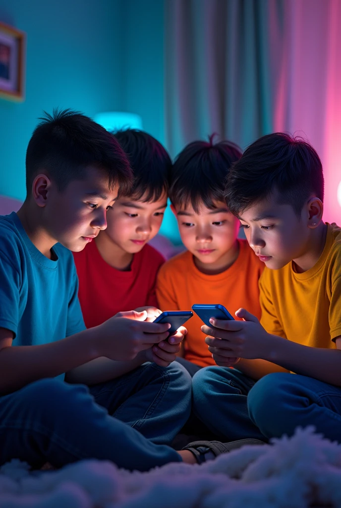 4 boy gaming with 4 phone together 