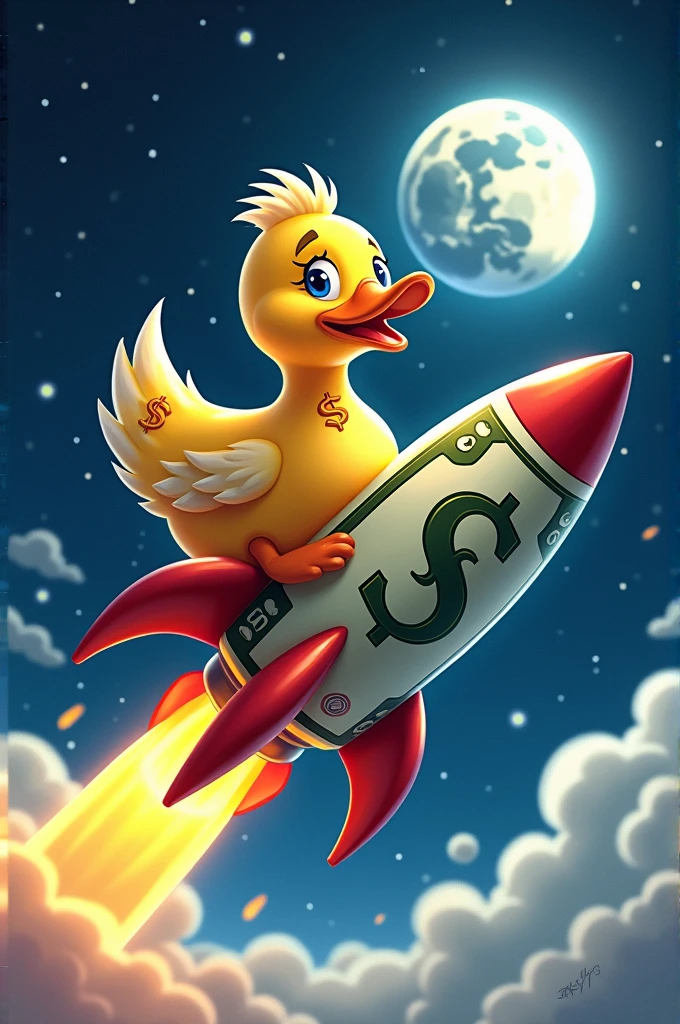 Cryptocurrency Ducky Duck riding a dollar rocket to the moon