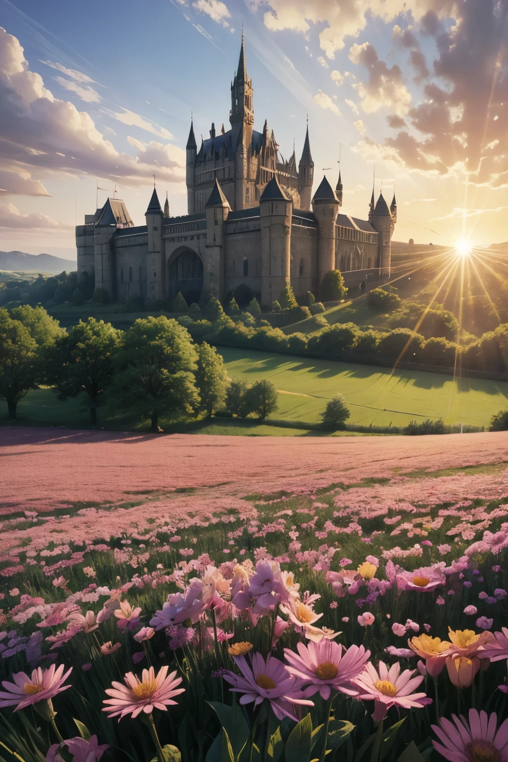 A beautiful, fantastical scene for a t-shirt print: In the background of a beautiful, flower-filled field, there stands an enormous, majestic, and imposing castle. Its details shimmer in the radiant sunlight. Birds soar through the skies, and animals graze in the fields.