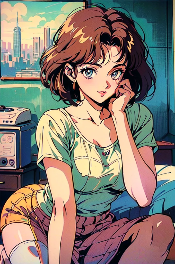 (80's, retro, city pop poster:1.5), (album cover), (masterpiece, best quality, intricate detail), (anime, illustration), (pastel colors:1.3), best photo, dynamic angle,
girl, solo, smile, perfect detail eyes, delicate face,
City Scenes, night city, tokyo, high fashion, ((background bedroom)), cozy room, best background, Contemplating