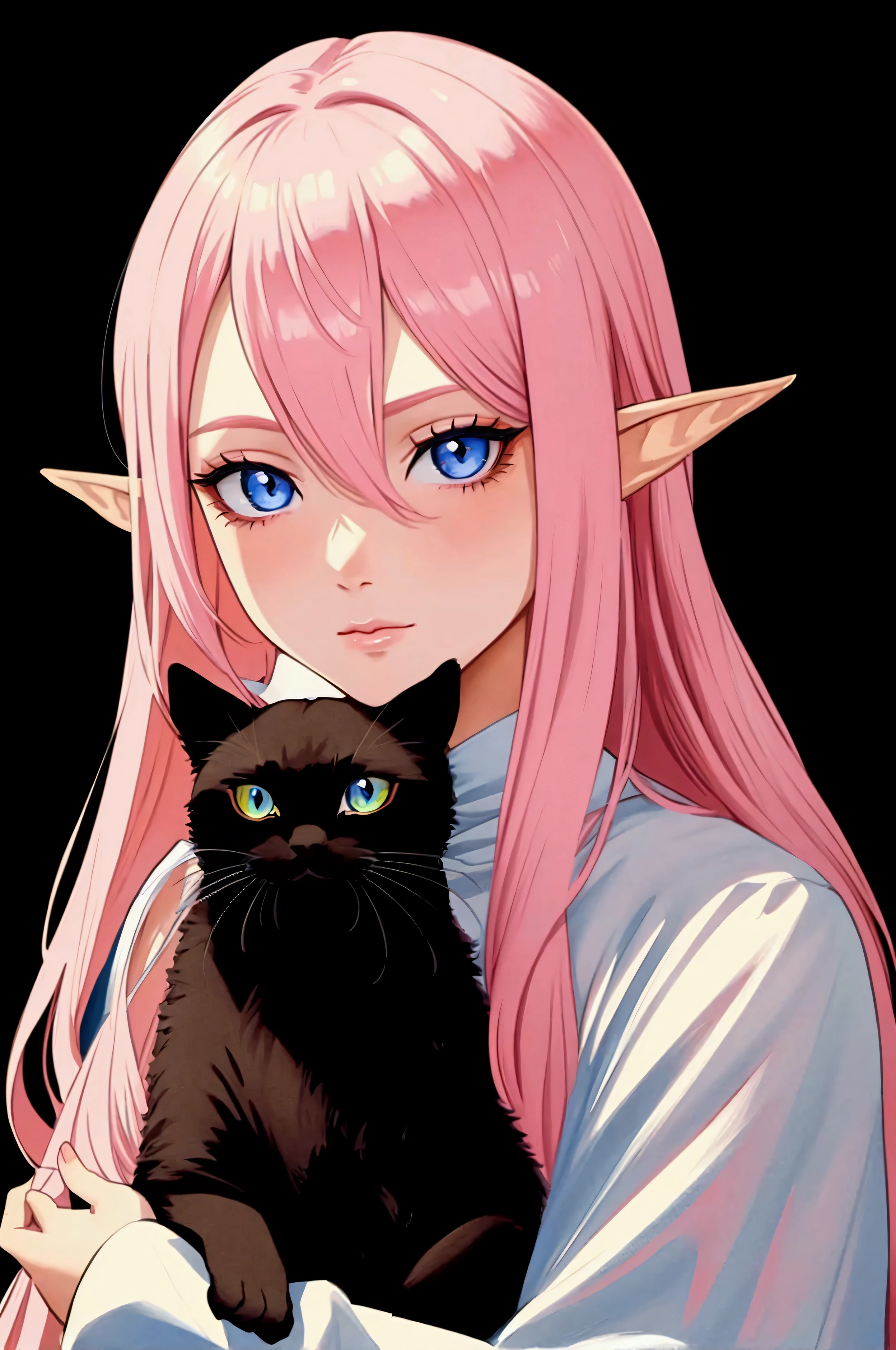 Portrait, a woman-elf with pink hair holding a black cat in her arms, super detailed face and eyes, beautiful painting of friends