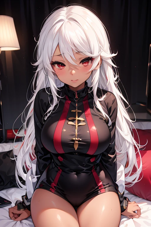 Produce an anime-style image, The girl, skin black, , it has ((Red eyes)) charming. {dark-skinned} white  hair, The girl de corpo inteiro, Possession of a goddess