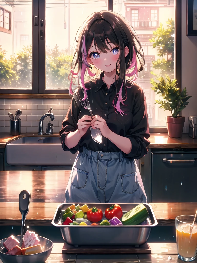((8k, Highest quality, masterpiece: 1.3)),Ultra-high resolution,(1 girl, alone), (Color changing eyes, Ultra-detailed, Expressive brilliance, Glitter, Glowing Eyes), Highly detailed eyes, Highly detailed face, Random Hair, ((pastel colour))Cooking Together on a Rainy Day: The woman, with long, straight black hair, is standing at the kitchen counter, chopping vegetables while her partner stirs a pot on the stove. She’s dressed in a casual flannel shirt and jeans, perfect for a cozy day indoors. Her expression is relaxed and happy, with a small, content smile on her lips as she works. Her brown eyes occasionally glance at the camera with a look of quiet satisfaction, enjoying the simple pleasure of cooking together. The kitchen is warmly lit, with the soft sound of rain tapping against the window, adding to the cozy, intimate atmosphere of a rainy day spent together.