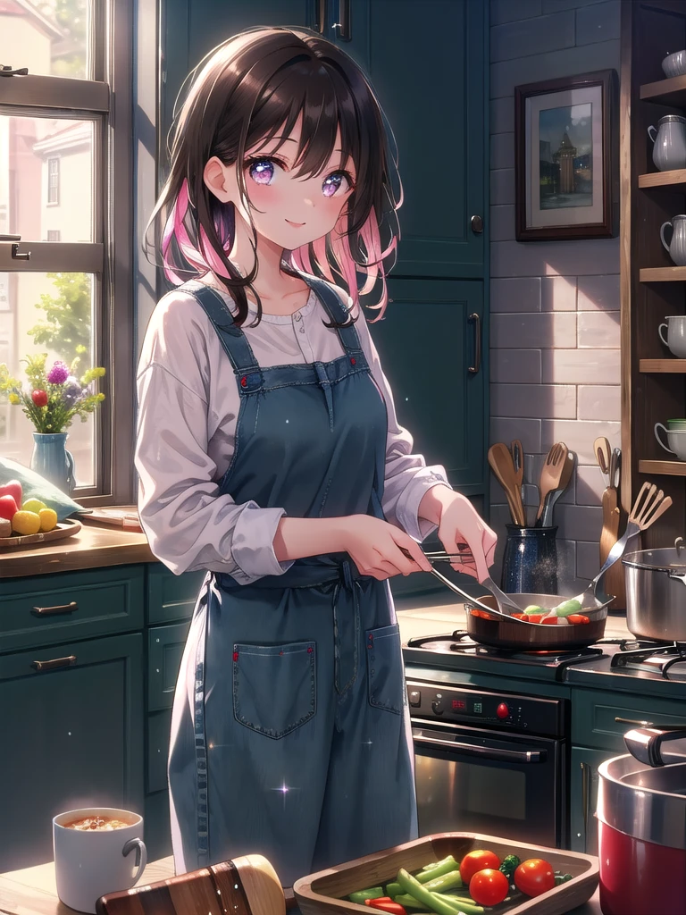 ((8k, Highest quality, masterpiece: 1.3)),Ultra-high resolution,(1 girl, alone), (Color changing eyes, Ultra-detailed, Expressive brilliance, Glitter, Glowing Eyes), Highly detailed eyes, Highly detailed face, Random Hair, ((pastel colour))Cooking Together on a Rainy Day: The woman, with long, straight black hair, is standing at the kitchen counter, chopping vegetables while her partner stirs a pot on the stove. She’s dressed in a casual flannel shirt and jeans, perfect for a cozy day indoors. Her expression is relaxed and happy, with a small, content smile on her lips as she works. Her brown eyes occasionally glance at the camera with a look of quiet satisfaction, enjoying the simple pleasure of cooking together. The kitchen is warmly lit, with the soft sound of rain tapping against the window, adding to the cozy, intimate atmosphere of a rainy day spent together.