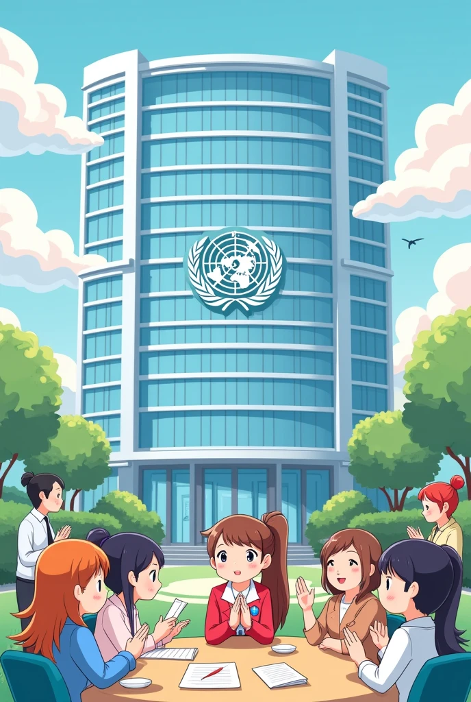 Create a kawaii image of the United Nations headquarters with a change of diplomatic staff