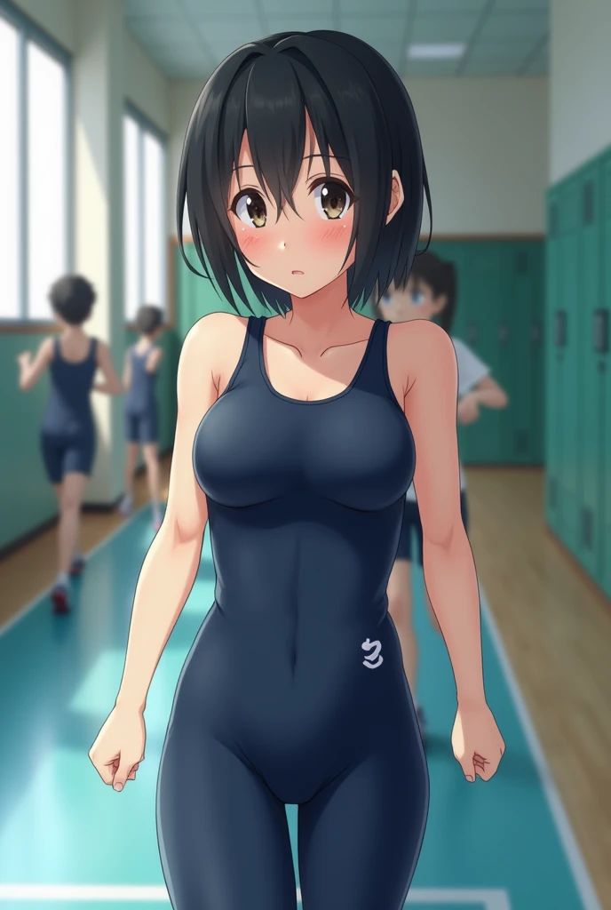 ,Black Hair,Navy blue school swimsuit and leggings,Sweat,Small breasts,Low length