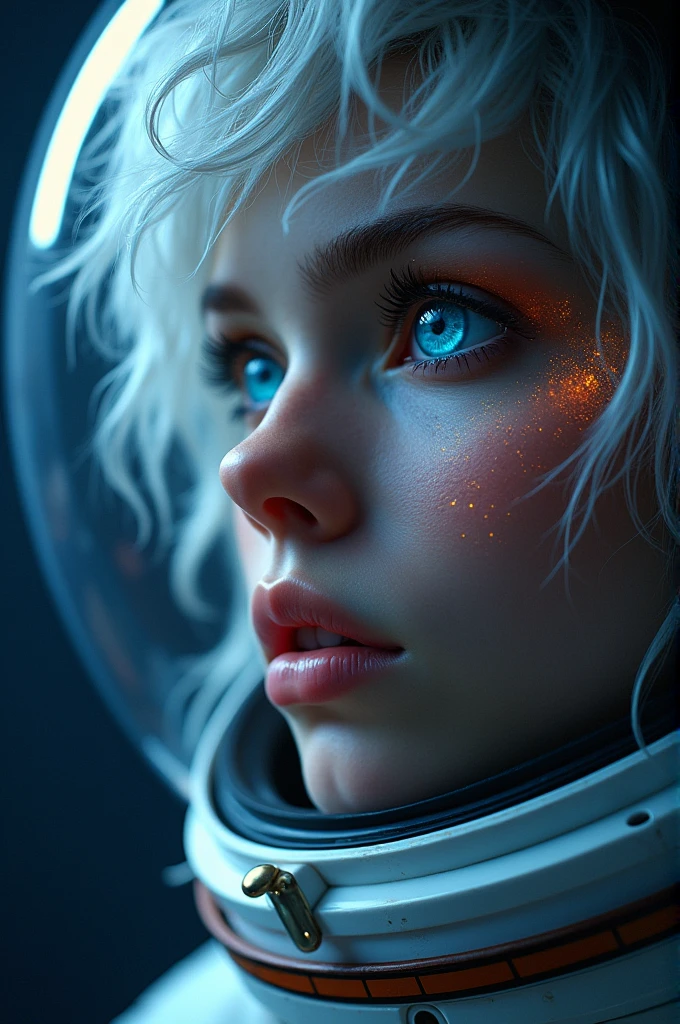 (Close-up of a better masterpiece:1.5)0.9], (Space and astronauts:1.2) (Messy silver hair:1.1) (Heterochromia xanthochromia and blue eyes:1.2) (Space Helmet:1.0) (Colored stars in the eyes:1.0) (A radiant glow:1.1) (thick lips:0.9)