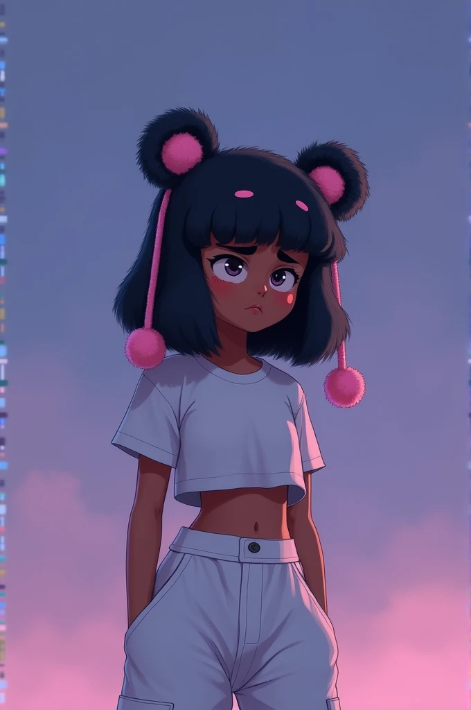 Create a character image with CNP style. The hair is black and the character is wearing a bear hat with two strings and pink pompoms.. The cap has pink ears and the character is wearing a white crop top and white cargo pants.. The character&#39;s face should express sadness and tiredness. skin color is brown. The background of the image should be a gradient in shades of purple and blue."