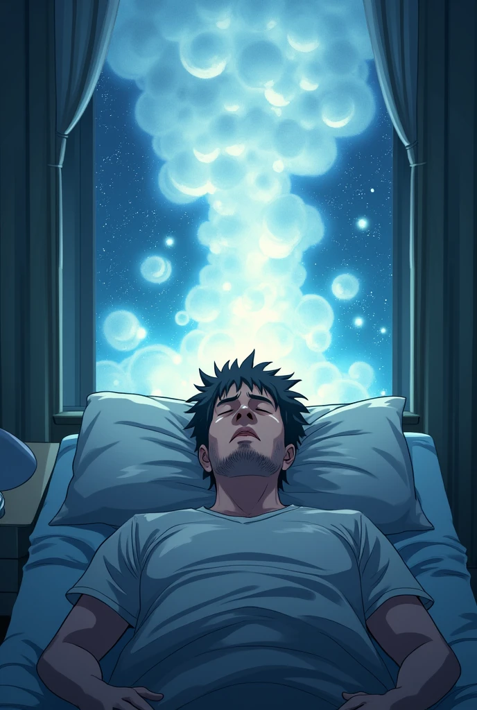 A tired man lying in a dark room，With eyes closed，Immersed in his fantasy world, There was a bright mist hanging over his head，Many Q-version anime characters are smiling and playing happily in the fog，Q version anime characters including Kakarot，Arale，God of War Kratos，Robot cat Tinker Bell，Sakuragi Flower Road，Urahan Yusuke，Hunter Hisoka，Vegeta，Lucky Star Ram