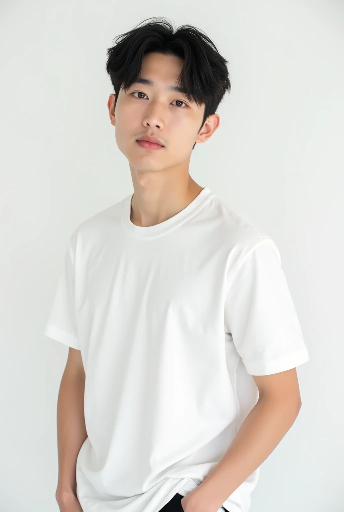 A Korean adult boy in white t shirt and white background 