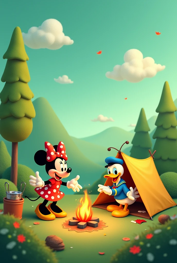 For a cover, a lemon green background landscape. With Minnie Mouse and camping in a beautiful place with Donald Duck. Clouds and trees. Let the whole image look good without gradient and let the liom green stand out.