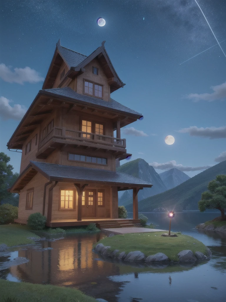 outdoors, sky, cloud, water, tree, no humans, night, moon, plant, building, star (sky), nature, night sky, scenery, full moon, reflection, rock, mountain, sun, house anime art style