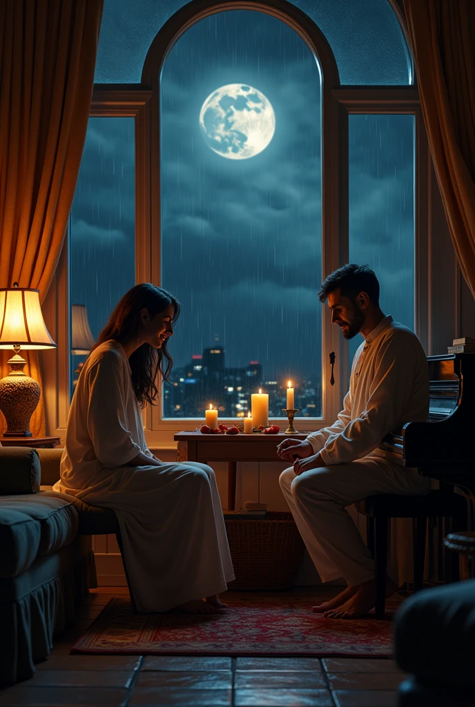 Big living room, cozy with sofas and center table, warm dark lighting, heavily raining outside with full moon filling the room, very dark night time, beautiful window, man with very light stubble, long nose, wearing well fitted kurta and tight pajama and durre najaf ring on ring fingerof right hand, playing an upright piano, women sitting at side smiling with her head leaned on his shoulder face not visible, 1:1