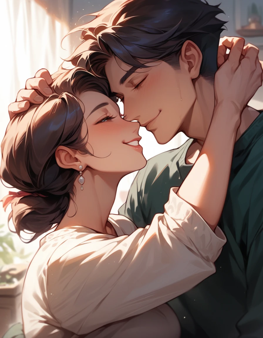Fraction_9, Fraction_8_Direction_7_up, src_Japanese cartoons, 1 boy, 1 Girl, Mature female, Mom and son, Embrace, Smile, Hands on head, Kneel down,
