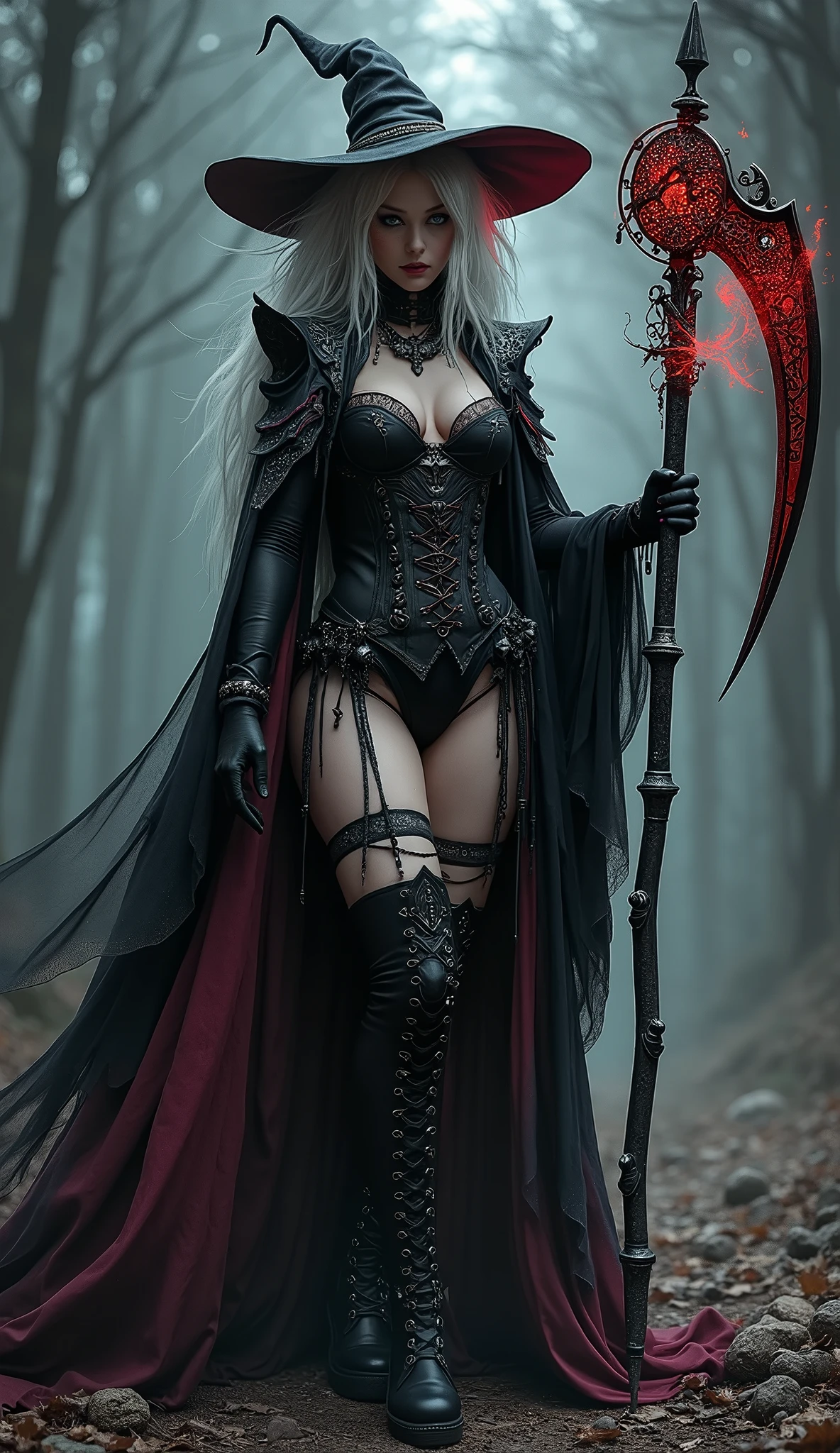 dark souls epic, elden ring a tall emo super pale witch gothic angry woman in witch hat, black velvets, lace, fishnets and leather tinged with scarlet or purple, accessorized with tightly laced corsets, gloves, platform boots and silver jewellery depicting occult themes wicked smile evil smirk shredding magic and reaping scythe with swagger with glowing hex circle magic infusion design , depicting occult themes, dead souls coiled around her