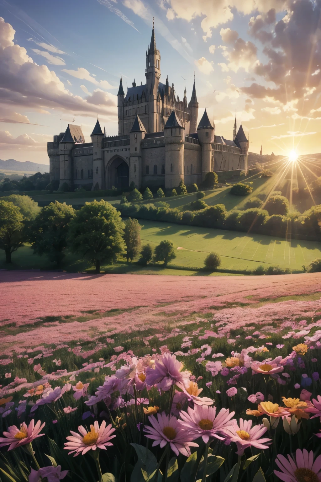 A beautiful, fantastical scene for a t-shirt print: In the background of a beautiful, flower-filled field, there stands an enormous, majestic, and imposing castle. Its details shimmer in the radiant sunlight. Birds soar through the skies, and animals graze in the fields.