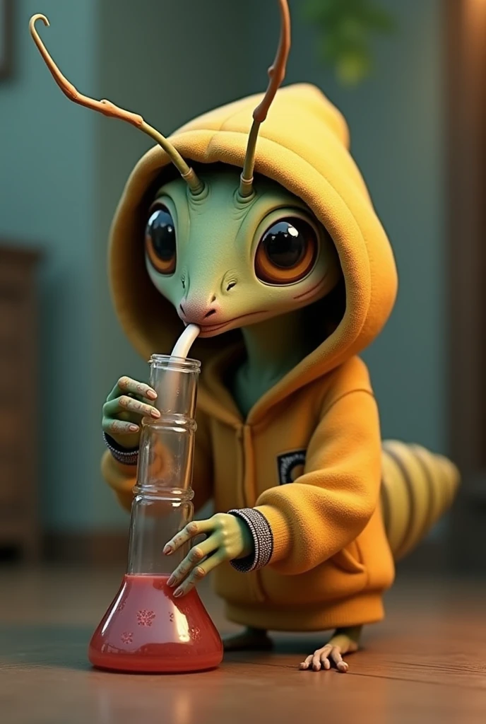 Create an animated cricket wearing a hoodie and smoking from a bong