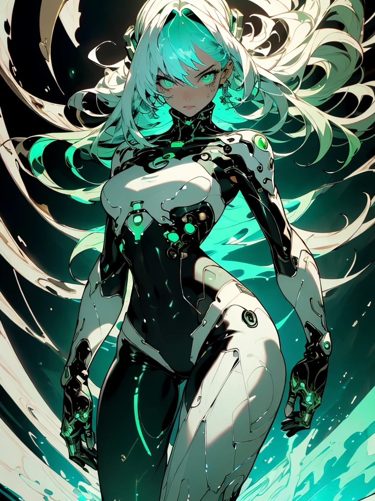 (masterpiece, top quality, best quality, official art, beautiful and aesthetic:1.2), full body view, looking at viewer, helping viewer, ((fisheye photo)), detailed background, vibrant background, cyberpunk blurry background, depth of field, chaotic, wide angle view, 

Beautiful young girl, pretty, pale, white hair, seaweed green inner, two long ponytails, flowing hair, dense hair, bangs, detailed hair, detailed eyes, perfect eyes, sea green eyes, glow, sweaty, shiny skin, detailed skin, slightly flushed cheeks, sexy lips, kind face,  

Tall, lean, fit, curvy, athletic, cyborg, mechanical parts, thick thighs, big breasts, hardnipples outline, Ecchi, young sexy cyborg Lolita girl, detailed legs, perfect legs, detailed arms, perfect arms, detailed hands, 

Cyberpunk outfit, (color:(white, black, blue, green, bronze)), tight fitting outfit, light armour, skin indentation, bare midriff, tiny healed scars, toned, transparent, translucent, glow, high heels, boots, 