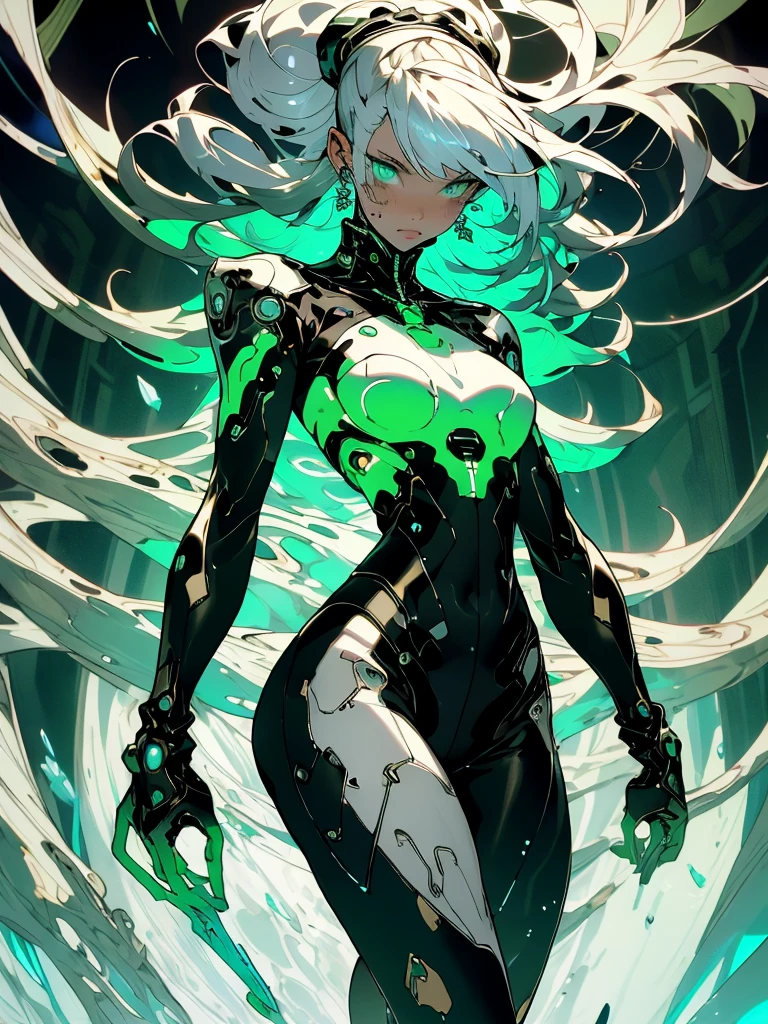 (masterpiece, top quality, best quality, official art, beautiful and aesthetic:1.2), full body view, looking at viewer, helping viewer, ((fisheye photo)), detailed background, vibrant background, cyberpunk blurry background, depth of field, chaotic, wide angle view, 

Beautiful young girl, pretty, pale, white hair, seaweed green inner, two long ponytails, flowing hair, dense hair, bangs, detailed hair, detailed eyes, perfect eyes, sea green eyes, glow, sweaty, shiny skin, detailed skin, slightly flushed cheeks, sexy lips, kind face,  

Tall, lean, fit, curvy, athletic, cyborg, mechanical parts, thick thighs, big breasts, hardnipples outline, Ecchi, young sexy cyborg Lolita girl, detailed legs, perfect legs, detailed arms, perfect arms, detailed hands, 

Cyberpunk outfit, (color:(white, black, blue, green, bronze)), tight fitting outfit, light armour, skin indentation, bare midriff, tiny healed scars, toned, transparent, translucent, glow, high heels, boots, 