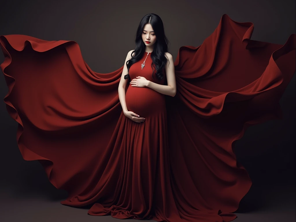 a pregnant  woman in a dress standing in a field of flowers, very beautiful long slim legs, red gown, elegant glamourous cosplay, delicate ex embellishments, in deep forest hungle, aphrodite goddess of love, extremely pale, ballet, , asian girl black hair, bright dreamy colour 