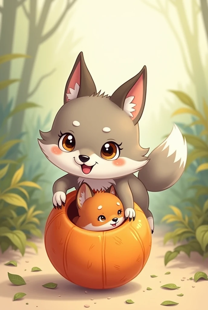 Dessin d'un bébé loup qui s'amuse avec un ballon orange. Dans ce ballon se trouve un bébé renard