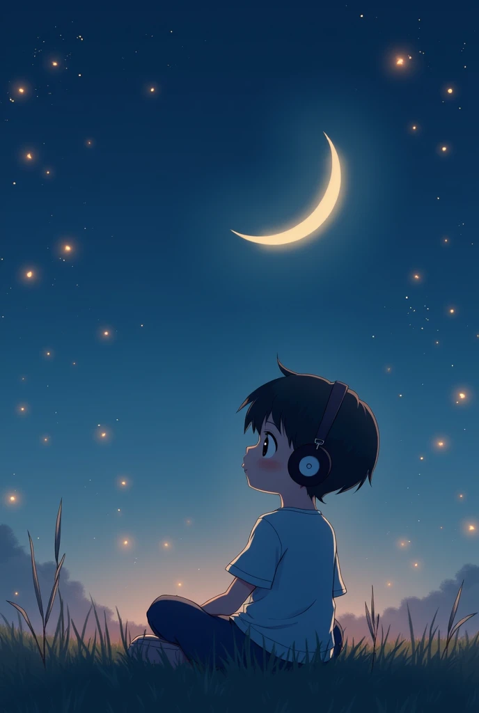 A moon and stars night.a boy listening songs in had phones