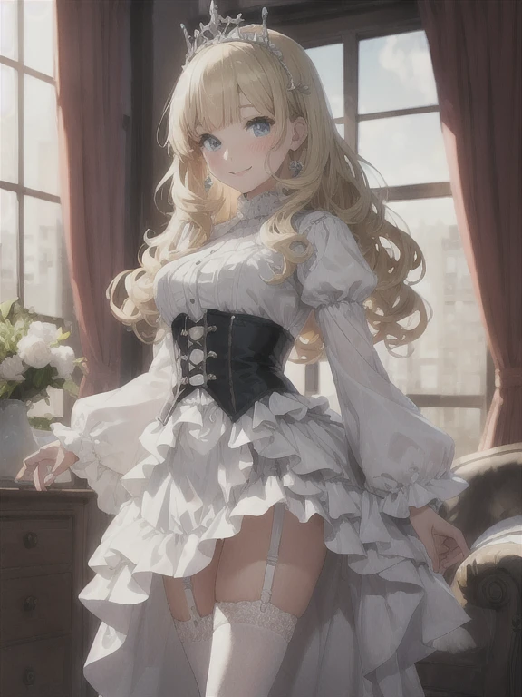 (skirt lift:1.4), nsfw, best quality, masterpiece, super fine illustration, high quality illustrations, beautiful artwork, detailed skin, detailed face, detailed eyes, 1girl, solo, skinny, princess, (slut: 1.5), standing, white panties, blunt bangs, blonde hair, blue eyes, blush, curly hair, wavy hair, long hair, silver tiara, very long hair, smile, white garter belt, white garter straps, indoors, princess dress, juliet sleeves, long sleeves, looking at viewer, puffy long sleeves, puffy sleeves, see-through, skirt, white thigh highs, window, curtains, open clothes, (from front:1.4),