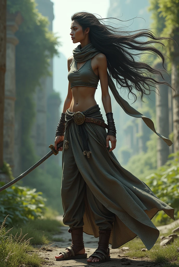 highly detailed, intricate, masterwork, random view angle, skinny female warrior, confidence, lost in thoughts, medieval fantasy futuristic mixed setting, katana, extremely long voluminous hair, long scarf, crop tank, low-rise maxi skirts, very strong directional wind, old abandoned overgrown ruins, 3d art, unreal engine