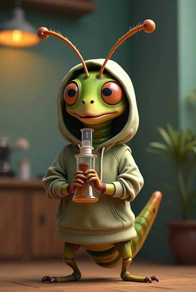 Create an animated cricket wearing a hoodie and smoking from a bong