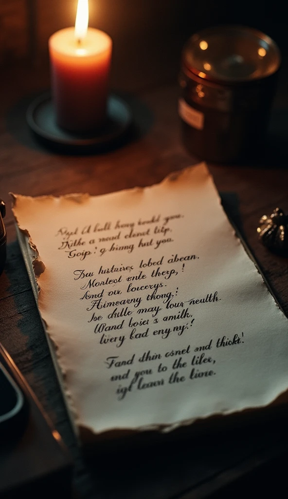 Create a photo of a handwritten note, by a man, on paper over a desk with the text; "Besar lento, Hablar claro, Bailar mucho, Amar fuerte y Reir siempre...", dramatic lighting, moody colors, cinematic composition, imperfections, natural shadows, photorealistic, highly detailed, intricate, sharp focus, masterpiece