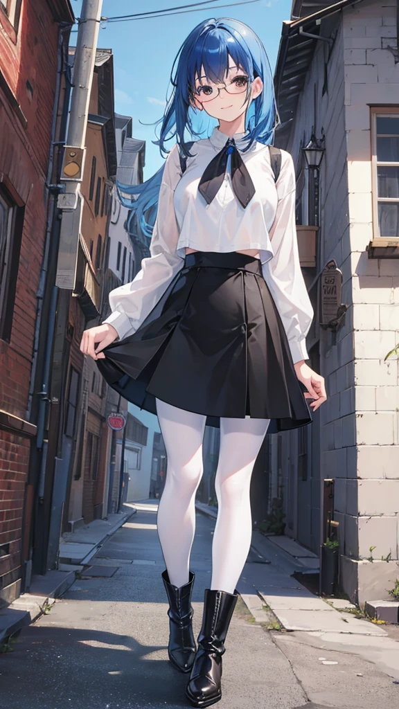 Looking at viewer, High Resolution, Smile, Blue Hair, glasses, brown eyes, black skirt, white top, black leather boots, black pantyhose, rural town, Pennsylvania